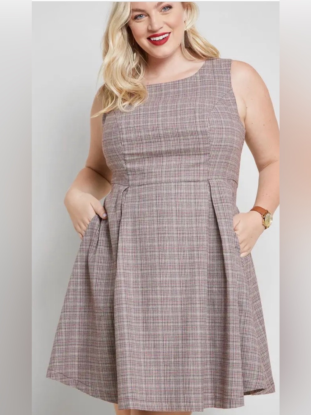 Modcloth Sleeveless houndstooth Plaid, pleated Dress. Sz 2X Academia, preppy
